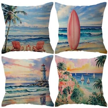 Imagem de ULOVE LOVE YOURSELF Capas de almofada de praia azul rosa à beira-mar cadeiras de praia prancha de surf farol palmeiras pacote com 4 capas de almofada costeira de verão 45,7 x 45,7 cm para sofá sofá