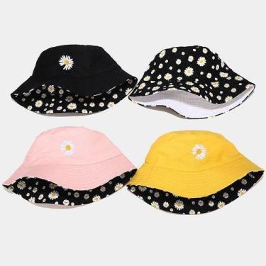 Imagem de chapéu unisex balde bordado pequenas margaridas dupla face bucket hat 