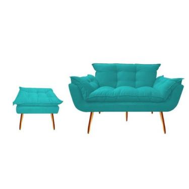 Imagem de Kit Namoradeira +1 Puff Puf Decorativo Opala Suede Azul Turquesa Pés M