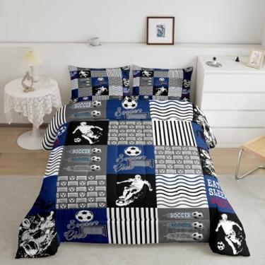 Imagem de Feelyou Conjunto de edredom de futebol para crianças, meninos, meninas, tamanho casal, bola de futebol, ultramacia, com tema de bola de futebol, azul e cinza, decoração de quarto, jogos, esportes
