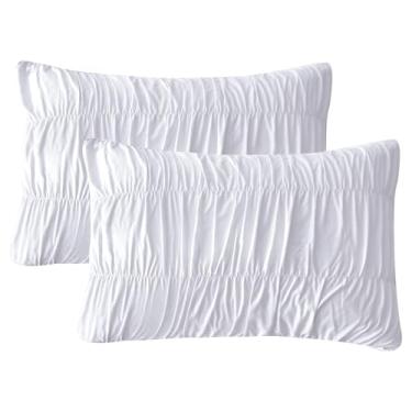Imagem de QSH Conjunto de 2 fronhas brancas tamanho Queen, fronhas franzidas gastas 50,8 cm x 76,2 cm, fronhas de cama boho chique, fronhas de microfibra ultra macias e respiráveis para roupa de cama