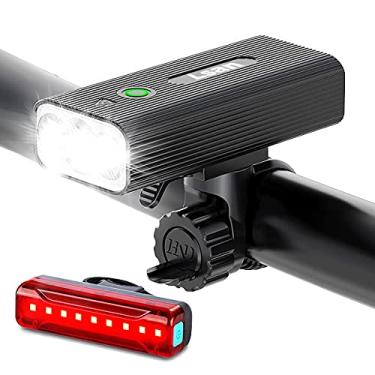 Imagem de Luzes de bicicleta super brilhantes para passeios noturnos, luzes de bicicleta dianteiras e traseiras, luz de bicicleta recarregável por USB com 3 LEDs, farol de bicicleta com função de banco de