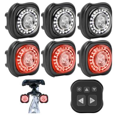 Imagem de WhiteRhino Sistema de luzes de bicicleta - seta, lanterna traseira e farol, sincronização de luz frontal e traseira para ciclismo noturno, 3 + 2 + 1 modos de luz recarregável com controle remoto,