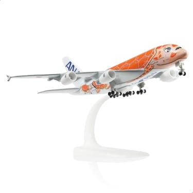 Imagem de QIYUMOKE A380 1/300 ANA Tartaruga Laranja Metal Diecast Avião Modelo Airbus A380 (7 polegadas) com suporte de exibição para presentes de aeronaves ou coleção de avião de liga - JA383A