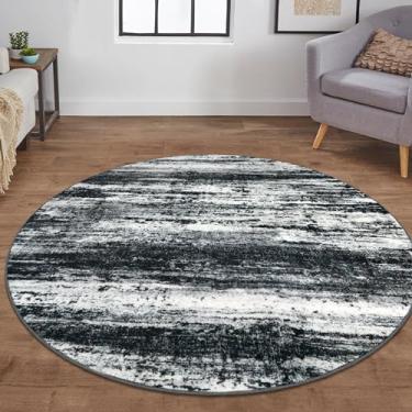 Imagem de KOZYFLY Tapete circular lavável abstrato moderno 1,5 m, tapete de cozinha lavável, antiderrapante, macio, tapete redondo, preto, cinza, multilistrado, tapete de entrada de lã sintética para cabeceira,