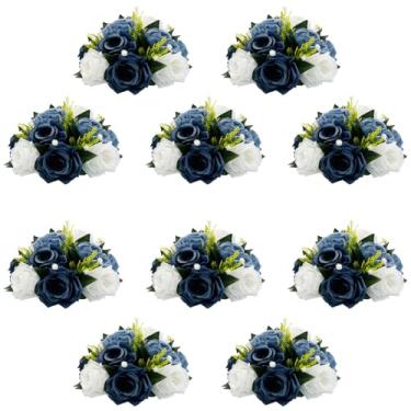 Imagem de QUTUNI 10 buquê de arranjo de bolas de flores falsas, 24 cm, 15 cabeças de rosas de plástico com base, adequado para festas, dia dos namorados, casamento, centro de mesa e decoração de casa (azul