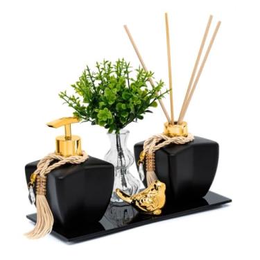 Imagem de Kit Banheiro Lavabo Frascos de Vidro Estrela 280ml Decoração Super Luxo C/Bandeja London (Preto fosco Pássarinho)