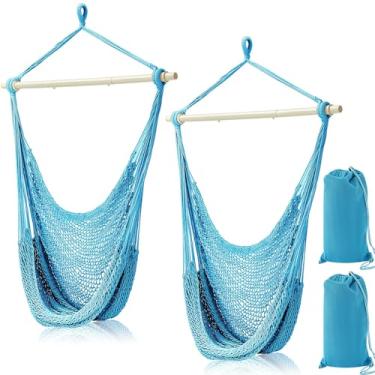 Imagem de Barydat 2 peças, cadeira de rede suspensa, boho, cadeira giratória para ambientes internos e externos, com barras de metal destacáveis de 101 cm para quintal, sala de estar, quarto, jardim (azul)