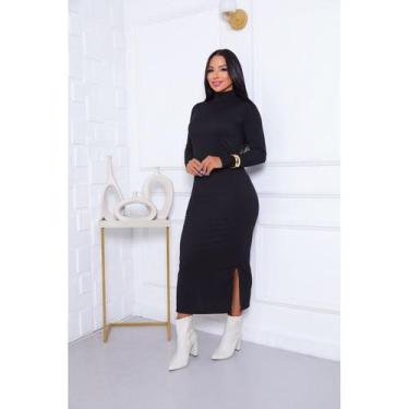 Imagem de Vestido Feminino Longo Gola alta Canelado ribana com Fenda Lateral e M