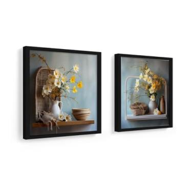 Imagem de kit 2 quadros decorativos banheiro, lavabo, toalete, vasos, flores, amarelo, moldura e vidro 18x18cm (Preto)