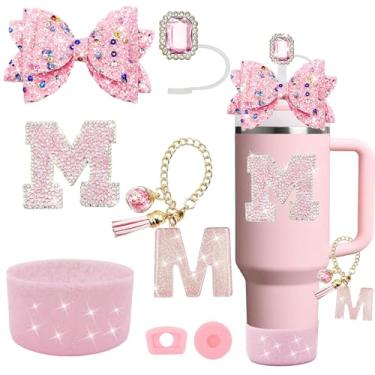 Imagem de Conjunto de acessórios de copo Stanley rosa de 7 peças, decorações de iniciais para Stanley Cup 850.5 g 1,134 g, inclui cobertura de canudo de joia, tampa à prova de derramamento, pingente de alça