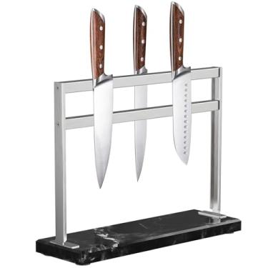 Imagem de YIIYIIN bloco de faca magnético com base de mármore - suporte de faca magnético de dupla face - porta-faca magnético - armazenamento de faca de cozinha - porta-facas para bancada - preto