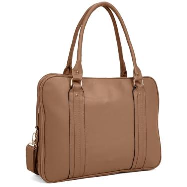 Imagem de Bolsa Feminina Pasta Executiva para Notebook até 15.6” Reforçada Couro Ecológico para Trabalho, Reuniões e Dia a Dia Tamanho Grande (Bege Caqui)