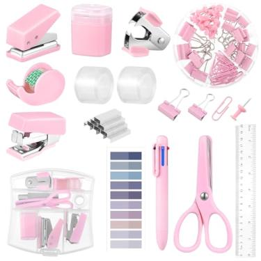 Imagem de Mini material de escritório, material escolar roxo com notas adesivas, mini grampeador, dispensador de fita, furador, removedor de grampo, grampos, clipes, tesoura, caneta (rosa)