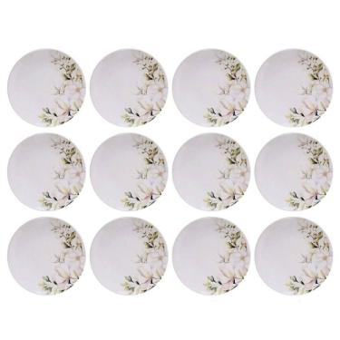Imagem de Kit 12 Pratos de Sobremesa Porcelana Branca 21cm Floral Magnólia Tramontina Mesa Posta