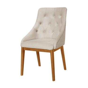 Imagem de Cadeira De Jantar Luxo Estofada Elisa Anatômica Linho Bege Capitonê Base Madeira Maciça 