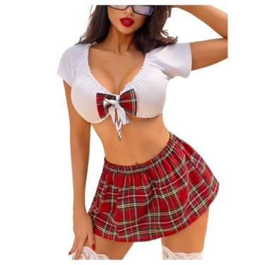 Imagem de WDIRARA Conjunto de 3 peças de lingerie xadrez feminina, tomara que caia, minissaia com tanga cosplay, conjunto de fantasia branca e vermelha, médio