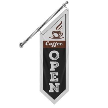 Imagem de QSUM Bandeira de parede de lona de café, faixa de suspensão dupla face com poste e suporte de aço inoxidável – Placa à prova de intempéries para cafés, cafeterias e vendedores ambulantes (preto-W