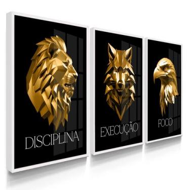 Imagem de Quadro Decorativo Trio Disciplina Dourado Leão Lobo Foco Decoração Esc
