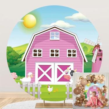 Imagem de OERJU Capa de fundo redonda com tema de fazenda, desenho animado, animais de fazenda, círculo, rosa, celeiro de fazenda, meninas, crianças, chá de bebê, decorações de festa de aniversário, fotografia