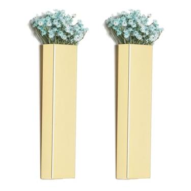 Imagem de Pretty Jolly Vaso de metal moderno boho para decoração de parede, decoração de parede, decoração de parede, para sala de estar, quarto, azul, conjunto de 2 dourados