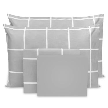 Imagem de Lençol Queen 4 pçs Estampado Percal Flex 400 Fios Toque Acetinado - 40cm de altura (Grid Cinza/Cinza)
