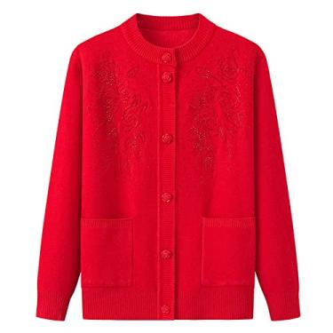 Imagem de Bordado Floral Cardigan De Tricô Para Mulheres De Meia-idade E Idosas, Cardigan De Manga Longa Com Bolso Solto Tamanho Grande, Red, XL