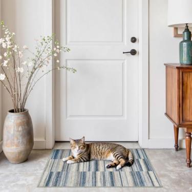 Imagem de jinchan Tapete de entrada 5 x 7 cm, tapetes modernos para ambientes internos e externos, lavável, fino, casual, antiderrapante, abstrato, geométrico, listrado, para quarto, banheiro, cozinha, azul