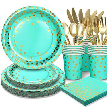 Imagem de Gudvilla Conjunto de pratos e copos e guardanapos de festa azul-petróleo, 168 peças, placas de papel azul-petróleo a granel com talheres dourados para servir 24 convidados, artigos de festa azul-petróleo, chá de panela, aniversário para decorações de casamento azul-petróleo e ouro