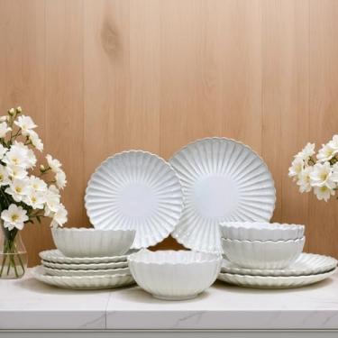 Imagem de DOMINI Conjunto de louça de cozinha de cerâmica em forma de girassol de 12 peças, serviço para 4, conjunto de pratos de porcelana com pratos de jantar, pratos de sobremesa e tigelas de massa, formato