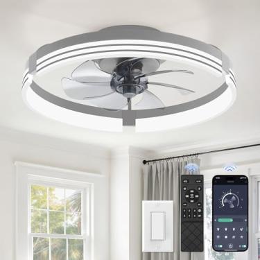 Imagem de ZMISHIBO Ventiladores de teto de perfil baixo com luzes e controle remoto, ventilador de teto de montagem embutida de 50 cm com luz, lustre regulável de 3000 K-6000 K, ventilador de LED com 6