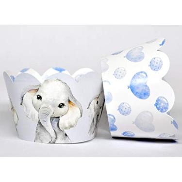 Imagem de Embalagens de cupcake de elefante azul bebê para suprimentos de festa de animais em aquarela, revelação de gênero, Oh Baby. Conjunto de 24 envoltórios de suporte de bolo recortados com estampa de