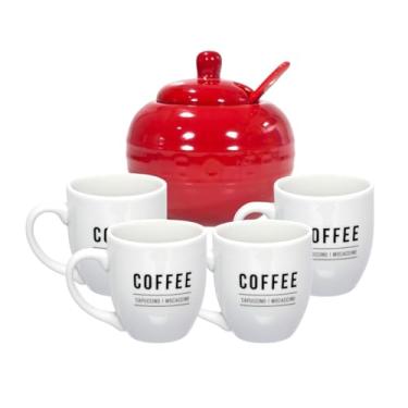 Imagem de Conjunto Canecas 300ml Brancas + Açucareiro Cerâmica Vermelha - Conjunto para Mesa Posta
