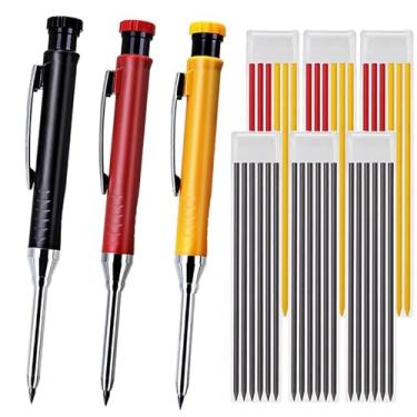 Imagem de JOMPENS Kit profissional de marcação com 3 canetas – 36 pontas + apontadores integrados – ponta profunda, design de nariz longo – ideal para carpinteiros, marceneiros, uso industrial (preto, vermelho