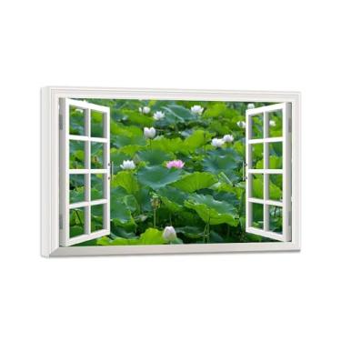 Imagem de Impressões em tela paisagens-Arte parede janela falsa-Flores folha lótus-Natureza Pintura Decoração Banheiro Tela Embrulhada 30x45cm