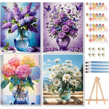 Imagem de VIGEGU Kit de pintura de flores por números para adultos com moldura, pintura de flores por número com cavalete de madeira faça você mesmo kits de pintura para adultos por números para decoração de