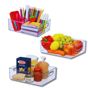 Imagem de Kit com 3 Organizadores Em Acrílico Grande Multiuso para Geladeira Dispensa Guarda Roupa Armário de cozinha Banheiro ou escritório 25cm x 20cm Com Alças Cor Transparente