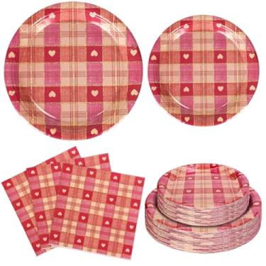 Imagem de FYSUIMU 72 peças vintage conjunto de utensílios de mesa retrô amor coração xadrez pratos de papel descartáveis e guardanapos para 24 convidados, dia das mães, casamento, aniversário, artigos de festa