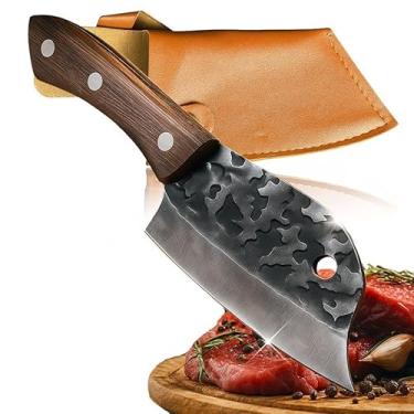 Imagem de Cutelo de Cozinha Artesanal Faca Full Tang Aço Inoxidável Cabo Madeira Ultra Afiada Bainha Couro Braba Ideal Churrasco Camping Corte Fino e Rápido Resistente