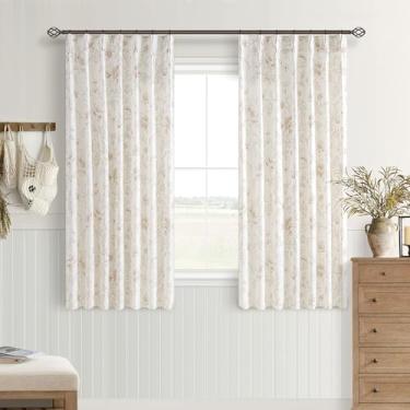 Imagem de Cortinas de linho com pregas florais bege caramelo 113 cm de comprimento para cozinha, estampa vintage, plissada, filtragem de luz, boho, casa de fazenda, bonita, curta, semitransparente, 113 cm