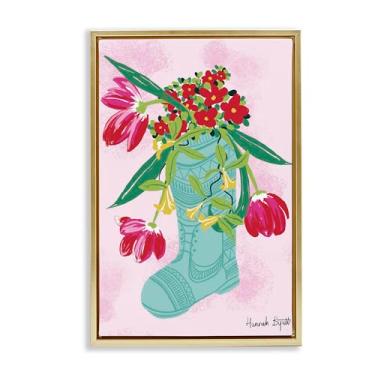 Imagem de Stupell Industries Design de arte de parede em tela flutuante com moldura dourada Flora local em bota de chuva por Hannah Byatt, 25 x 17