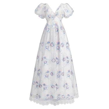 Imagem de LTAKK Regency Vestido feminino Regency fantasia cintura império chá festa decote em V vestido vitoriano com faixa, azul, 2GG