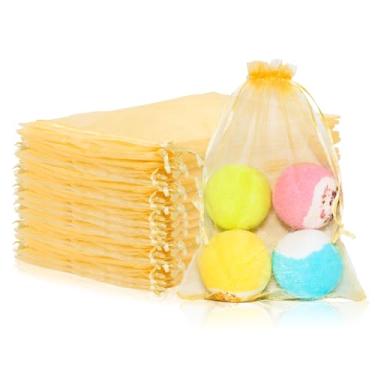 Imagem de Mstar Pack 100 sacos de organza, organza cinza transparente, lembrancinha de casamento com cordão, bolsa de presente de joias para festa, joias, sabonetes de banheiro (ouro, 15 x 20 cm)