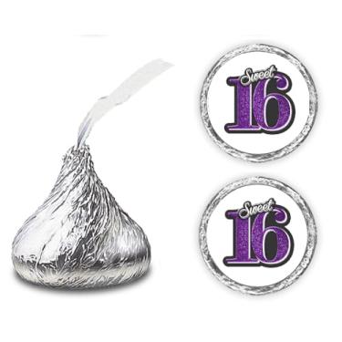 Imagem de Adesivos Sweet 16 Kisses (conjunto de 216) 16 adesivos de gotas de chocolate de aniversário para aniversário de 16 anos, decoração de lembrancinhas de festa de beijos da Hershey, Roxa