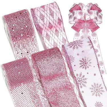 Imagem de Crowye 5 rolos de fita de Natal com fio de malha metálica fita de glitter fita de natal para decoração de arcos de árvore sortimento 50 jardas guirlandas brilhantes fita de embrulho de presente projetos de artesanato decoração DIY (rosa)