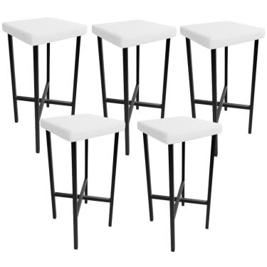 Imagem de Kit 5 Banquetas Stella Assento Plástico Base Fixa Alta com Apoio para Pés Branco para Cozinha