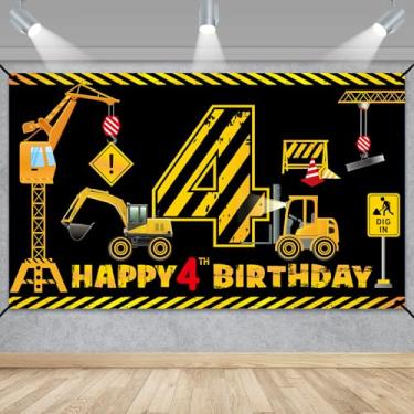 Imagem de Decoração de banner de 4º aniversário de construção para meninos e crianças, tema de construção de caminhão basculante, quatro artigos de festa de aniversário, escavadeira, guindaste, escavadeira,