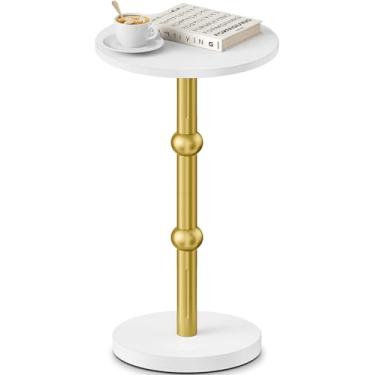 Imagem de Yuede Mesa de bebida, pequena mesa lateral redonda para espaços pequenos, mesas de canto redondas com detalhes modernos com perna de metal, mesas de centro com pedestal de madeira espessa para sala de