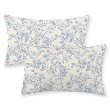 Imagem de GOLIANDA Capas de almofada azul bebê 30,5 x 50,8 cm conjunto de 2 almofadas de chinoiserie floral azul e creme vintage rústico flor decorativa fronha externa almofada lombar para decoração de sofá