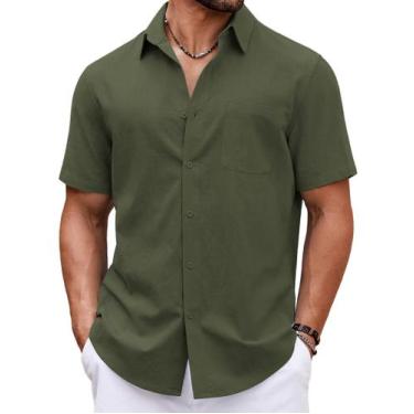 Imagem de Camisa masculina COOFANDY de manga curta casual com botão verde escuro